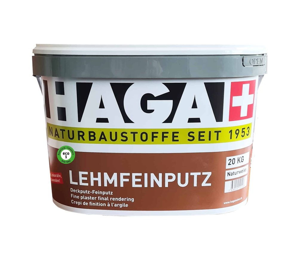 Les enduits fins HAGA Lehmfeinputz et HAGA Lehmfeinputz Premium sont des enduits de finition purement minéraux destinés à un usage intérieur. Ils peuvent être utilisés dans les constructions neuves comme dans les bâtiments anciens, les logements, les bâtiments publics et historiques. Les enduits fins HAGA à structure feutrée, lissée et autres sont disponibles dans des granulométries de 0,5/0,3 mm. La couleur de base de l'enduit fin à l'argile est naturel, blanc cassé. L'enduit fin HAGA est teinté selon le nuancier HAGA. Les produits à l'argile HAGA, irréprochables sur le plan de la biologie de la construction, ont une influence positive sur le climat ambiant.
