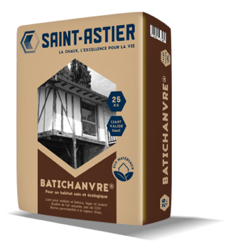 Chaux naturelle Saint-Astier® (70 %), liants hydrauliques, liant pouzzolanique (30 %) et additifs spéciaux non toxiques. Avantages : Idéal pour l’isolation thermique et acoustique ; léger et isolant ; assure une bonne qualité de l’air ; permet un bon échange d’humidité. Domaines d’application : murs, cloisons et colombages ; sols et chapes ; mortier isolant pour l’isolation des toitures ; utilisation avec les anas ISOCANNA.