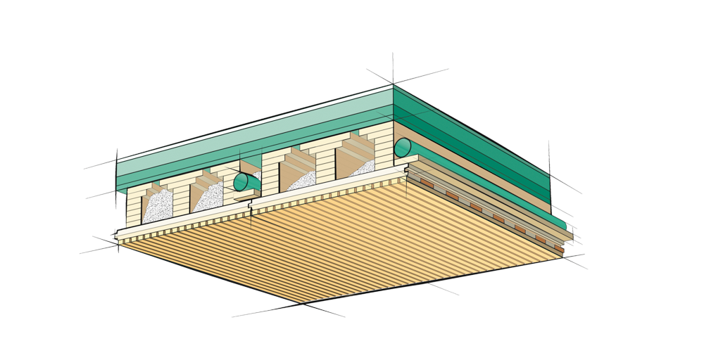 Les composants structurels de dalle en bois, dimensionnellement stables, offrent une configuration flexible pour toute tâche de planification dans la construction en bois et permettent de répondre à plusieurs besoins avec un seul composant. Ils combinent les meilleures valeurs caractéristiques architectoniques avec une grande variété de design esthétique. Les cavités dans les éléments sont remplies avec un granulat sur chantier après le montage des cables et conduites. Il agit notamment comme une isolation aux bruits d'impact, en particulier contre les bruits de pas à basse fréquence.