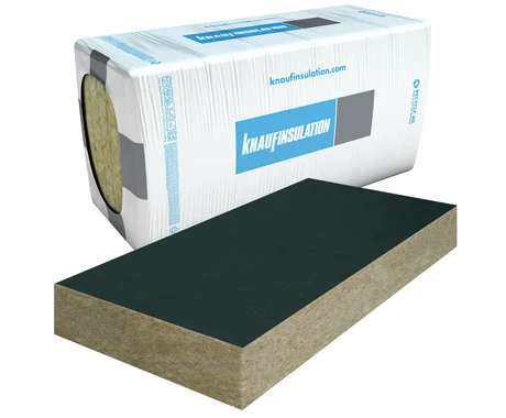 Panneau d’isolation unilatéral pour façades FPL-035-GS en laine de roche recouvert par un voile de verre noir, pour la protection thermique, acoustique et incendie dans des façades ventilées non-transparentes et des murs à double paroi. Pour des isolants d’une épaisseur supérieure à 80 mm, il est possible de faire un montage à 1 cheville.