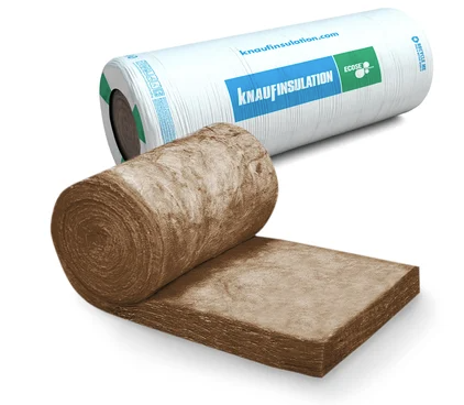 Laine de verre avec liant, incombustible, isolant thermique et phonique, imputrescible, résistant à la forme et au vieillissement ainsi que déperlante sur toute la surface.