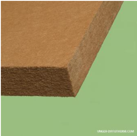 Plaque isolante en fibres de bois polyvalente et résistante à la pression, avec un bord plat et lisse sur tout le pourtour. Pour toitures et planchers.