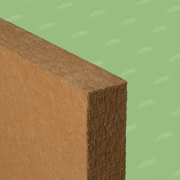 Plaque isolante en fibres de bois polyvalente avec un bord plat et lisse tout autour de la circonférence. Pour façades, toits et planchers.