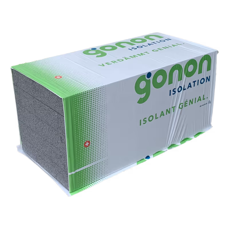 Les panneaux d'isolation thermique goEPS gris F15 031 à base de mousse dure en PS sont fabriqués à base d'une matière première avec adjonction de graphite. Le principe consiste à introduire, au démarrage de la phase de polymérisation, de la poussière de graphite finement moulue, qui se mélange de façon très homogène à la masse de granulats synthétiques. La poussière de graphite ainsi incorporée engendre une décoloration des particules de mousse (teinte gris-noir). Cette décoloration, en terme d'infra-rouges, réduit le passage du rayonnement thermique électromagnétique de plus de 50%. Au niveau de la capacité thermique, qui se compose de 3 éléments (rayonnement thermique / conductivité thermique de la matière / conductivité thermique des cellules d'air), cela se traduit par une amélioration de l'ordre de 20%.