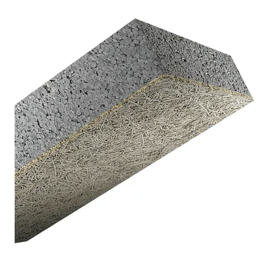 Panneaux composites constitués d'une âme en PSE gris Knauf XTherm ULTRA 31 SE et d’un parement de 5 mm face apparente en laine de bois minéralisé au ciment gris.